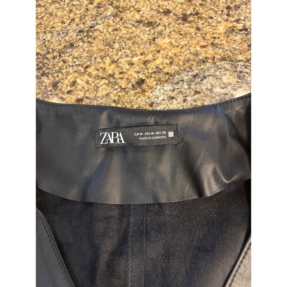 ZARA Black Faux Leather Puff Sleeve Button Front Midi Dress Size M‎ - Picture 5 of 9